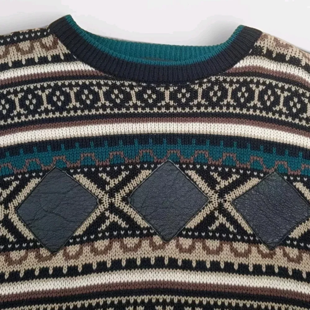 Vtg Impact Sweater Men XL Leather Patches Geometric Eclectic Grampa Ski Crewneck